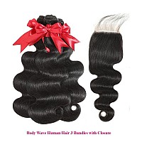 10A Brazilian Body Wave Bundles With Closure Human Hair 16 18 20 With 14 Inch Human Hair Bundles With Closure Body Wave 100 Unp