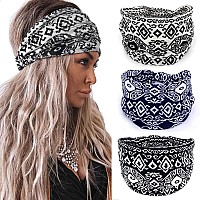 Aceorna Boho Headbands Wide Knotted Hairbands Stretch Printed Head Bands Bohemia Head Wraps For Women 3 Pcs Set D