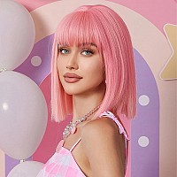 Nayoo Pink Bob Wig With Bangs 12 Inch Short Pink Wig For Women Natural Looking Short Bob Wigs With Bangs Cosplay Wig Easy To