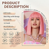 Nayoo Pink Bob Wig With Bangs 12 Inch Short Pink Wig For Women Natural Looking Short Bob Wigs With Bangs Cosplay Wig Easy To