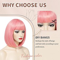 Nayoo Pink Bob Wig With Bangs 12 Inch Short Pink Wig For Women Natural Looking Short Bob Wigs With Bangs Cosplay Wig Easy To