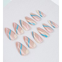 24 Pcs Acrylic Press On Nails Medium Stiletto Glue On Nails For Women Fake Nails With Glue Blue Yellow Swirl