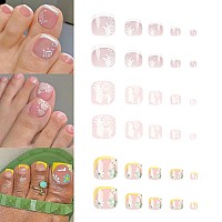 Yosomk 72Pcs Press On Toenails Nude Toe Nails Fake Nails With Florets Design Glossy Fake Toenails Square Acrylic Toenails For Wo