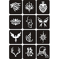 Kotbs 6 Sheets Temporary Tattoo Stencil Kit 58Pcs Fox Butterfly Dragon Flower Patterns Body Paint Henna Tattoo Stencil Glitter