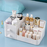 POFUOT skin care organizer,Makeup Desk Organizer With Drawers,Countertop Organizer for Cosmetics,Vanity brush with Holder for Lipstick, Brushes, Eyeshadow, and Desktop Finishing Dresser (polar white)