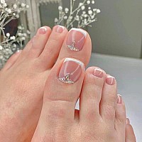 Yosomk French Tips Press On Toenails White Square Rhinestone Full Cover Glue On Toe Nails Nude Pink Toe Nails Fake Nails Summer