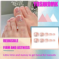 Yosomk French Tips Press On Toenails White Square Rhinestone Full Cover Glue On Toe Nails Nude Pink Toe Nails Fake Nails Summer