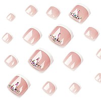 Yosomk French Tips Press On Toenails White Square Rhinestone Full Cover Glue On Toe Nails Nude Pink Toe Nails Fake Nails Summer