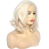 Bluple Platinum Blonde Lace Front Wig Short Bob Style White Blonde 60 Wavy Curly Synthetic Hair Side Part Half Hand Tied Replac