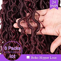 ZRQ 8 Packs Burgundy Goddess Locs Crochet Hair 24 Inch Ombre Boho Faux Locs, Pre Looped Hipple Locs Curly Soft Locs Red River Locs Hair Extensions Tbug#