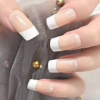 Elevenail Medium Squoval False Nails Natural Nude White French Press On Nails Manicure Square Fake Nails Salon Manicure Reusable