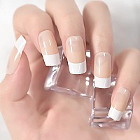 Elevenail Medium Squoval False Nails Natural Nude White French Press On Nails Manicure Square Fake Nails Salon Manicure Reusable