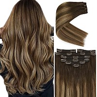 Ve Sunny 24Inch Clip In Hair Extensions Balayage Real Human Hair Clip In Extensions Ombre Brown Hair Extensions Clip Ins Dark Br