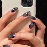 Press On Nails Short Square Docvoeomh Black Grey Cool Fake Nails With Fashion Ink Smudge Design Lavish Acrylic Glue On False N