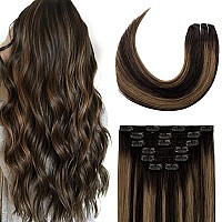 Clip in Hair Extensions 70G Natural Black to Chestnut Brown 100% Remy Human Hair Clip in Extensions Straight for Fashion Women 7pcs 16clips One Pack (12 Inch #1BT6P1B)