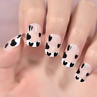 White Tips French Style Lovely Black Heart Fake Nails Short Medium Squoval Gel Polish Heart Dots Cute Design Nails Art Acry