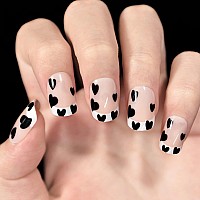 White Tips French Style Lovely Black Heart Fake Nails Short Medium Squoval Gel Polish Heart Dots Cute Design Nails Art Acry