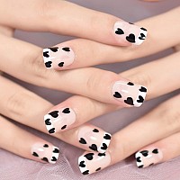 White Tips French Style Lovely Black Heart Fake Nails Short Medium Squoval Gel Polish Heart Dots Cute Design Nails Art Acry