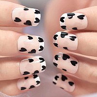 White Tips French Style Lovely Black Heart Fake Nails Short Medium Squoval Gel Polish Heart Dots Cute Design Nails Art Acry