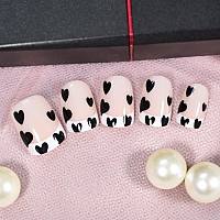 White Tips French Style Lovely Black Heart Fake Nails Short Medium Squoval Gel Polish Heart Dots Cute Design Nails Art Acry