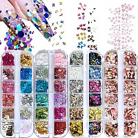 Addfavor 4 Boxes Nail Glitter Sequins Kit Mixed Shape Holographic Butterfly Flower Round Heart Nail Art Flakes For Women Girls B