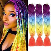 AFNOTE Ombre Rainbow Braiding Hair Extensions 24 Inch 3 Packs Synthetic High Temperature Jumbo Braiding Hair Twist Crochet Braids Hair for Women(Purple/Blue/Yellow/Fluorescent Orange)