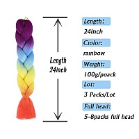 AFNOTE Ombre Rainbow Braiding Hair Extensions 24 Inch 3 Packs Synthetic High Temperature Jumbo Braiding Hair Twist Crochet Braids Hair for Women(Purple/Blue/Yellow/Fluorescent Orange)