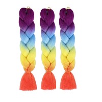 AFNOTE Ombre Rainbow Braiding Hair Extensions 24 Inch 3 Packs Synthetic High Temperature Jumbo Braiding Hair Twist Crochet Braids Hair for Women(Purple/Blue/Yellow/Fluorescent Orange)