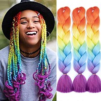 AFNOTE Ombre Rainbow Braiding Hair Extensions 24 Inch 3 Packs Synthetic High Temperature Jumbo Braiding Hair Twist Crochet Braids Hair for Women(Fluorescent Orange Yellow/Blue/Purple)