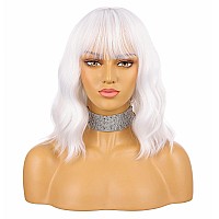 Enilecor White Wigshort Bob Wig For Women Curly Wavy Colored Wigs With Air Bangs 14 Natural Looking Heat Resistant Synthetic