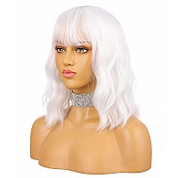 Enilecor White Wigshort Bob Wig For Women Curly Wavy Colored Wigs With Air Bangs 14 Natural Looking Heat Resistant Synthetic