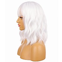 Enilecor White Wigshort Bob Wig For Women Curly Wavy Colored Wigs With Air Bangs 14 Natural Looking Heat Resistant Synthetic