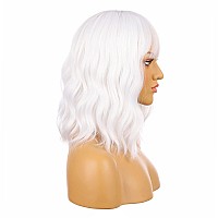 Enilecor White Wigshort Bob Wig For Women Curly Wavy Colored Wigs With Air Bangs 14 Natural Looking Heat Resistant Synthetic