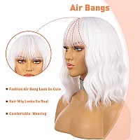 Enilecor White Wigshort Bob Wig For Women Curly Wavy Colored Wigs With Air Bangs 14 Natural Looking Heat Resistant Synthetic