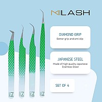 M Lash Tweezers For Eyelash Extensions Set Of 4 Professional Lash Extension Tweezers Fiber Tip Japanese Steel Diamond Gr