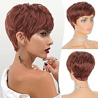 Feshfen Pixie Cut Wigs Synthetic Short Auburn Pixie Haircut Wig With Bangs Glueless Layered Wig Wavy Wigs For Women Daily Cospl