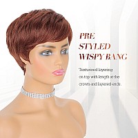 Feshfen Pixie Cut Wigs Synthetic Short Auburn Pixie Haircut Wig With Bangs Glueless Layered Wig Wavy Wigs For Women Daily Cospl