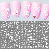 Flower Nail Decal Stickers For Nail Art Decorations And Nail Designs White Flowers With 5 Petals Self Adhesive Nail Art Stickers