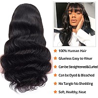 Body Wave Human Hair Wigs with Bangs None Lace Front Wigs 150% Density Glueless Machine Made Brazilian Virgin Human Hair Wigs for Black Women Natural Color(24 Inch, Body Wave)