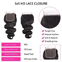 Selina 5x5 Hd Lace Closure Brazilian Body Wave Closure Lace Closure Human Hair Unprocessed Human Hair Brazilian Virgin Hair Free Part Closure Natural Hair Color Black (12Inch, 5X5Body)