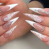 VOTACOS Press on Nails Long Stiletto Fake Nails Nude False Nails with White Rose Design Glitter Full Cover Stick on Nails for Women