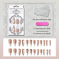 VOTACOS Press on Nails Long Stiletto Fake Nails Nude False Nails with White Rose Design Glitter Full Cover Stick on Nails for Women