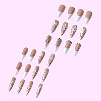 VOTACOS Press on Nails Long Stiletto Fake Nails Nude False Nails with White Rose Design Glitter Full Cover Stick on Nails for Women