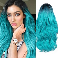 Quantum Love Ombre Bluish Green Long Wavy Middle Part Wig Teal Blue Heat Resistant Curly Synthetic Hair Mermaid Turquoise Cospla