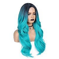 Quantum Love Ombre Bluish Green Long Wavy Middle Part Wig Teal Blue Heat Resistant Curly Synthetic Hair Mermaid Turquoise Cospla