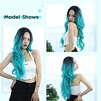 Quantum Love Ombre Bluish Green Long Wavy Middle Part Wig Teal Blue Heat Resistant Curly Synthetic Hair Mermaid Turquoise Cospla