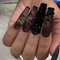 VOTACOS Press on Nails Long Coffin Fake Nails Black False Nails with 3D Rhinestone Butterfly Design Matte Full Cover Stick on Nails for Women