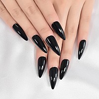 Elevenail False Nails Glossy Solid Black Long Stiletto Press On Nails Reusable Wearable Fake Acrylic Nail Art Tips Salon Diy Man