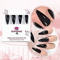 Elevenail False Nails Glossy Solid Black Long Stiletto Press On Nails Reusable Wearable Fake Acrylic Nail Art Tips Salon Diy Man