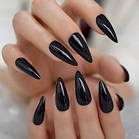 Elevenail False Nails Glossy Solid Black Long Stiletto Press On Nails Reusable Wearable Fake Acrylic Nail Art Tips Salon Diy Man